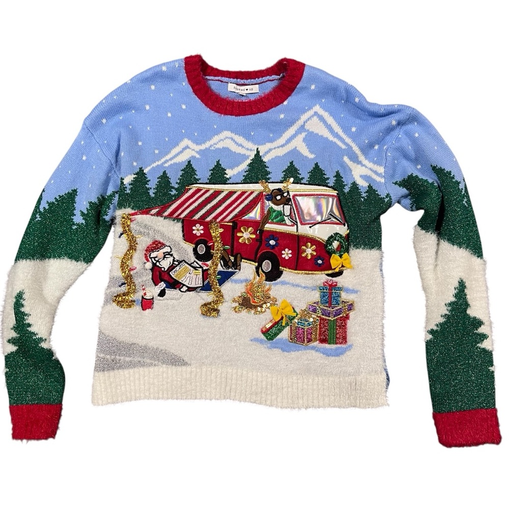 Hooked Up by IOT Juniors' Santa Clause RV Camping Christmas Sweater Sz M NWT